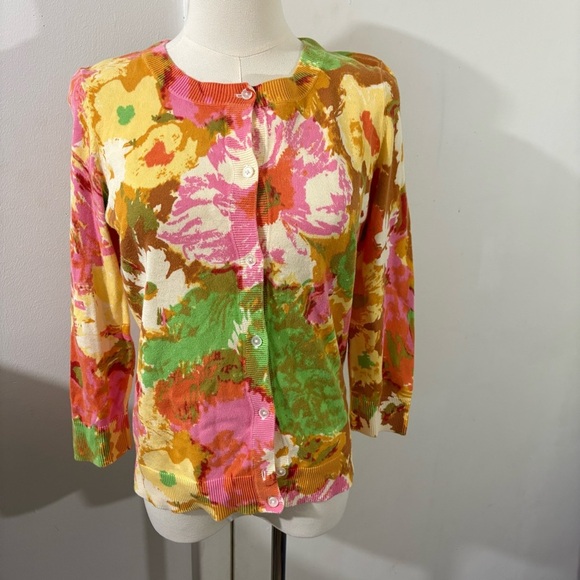 Talbots Orange Pink Green Floral Cardigan sweater 3/4 sleeve Preppy Classic Sz S - Picture 1 of 8